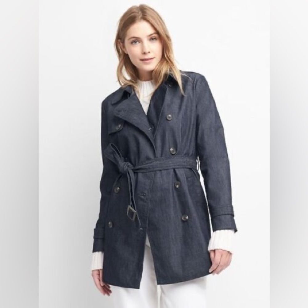 Gap Belted Blue Denim Double Breasted Lined Collared Jean Jacket Coat. Small.